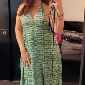 Green Halter Dress with Leaf Pattern
